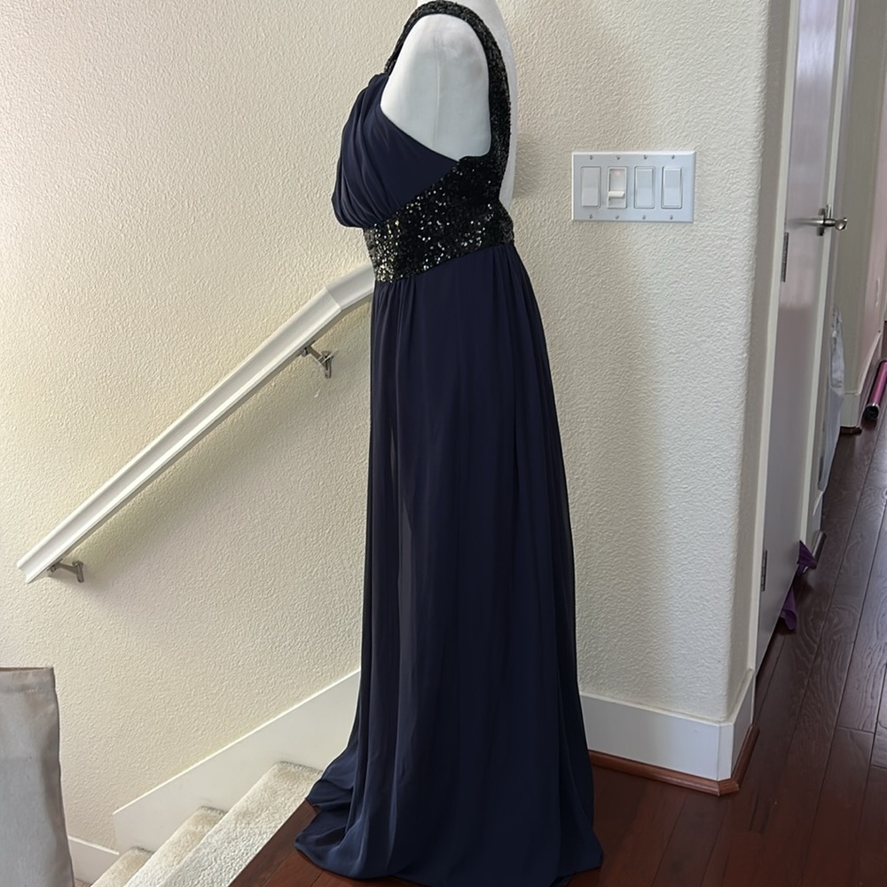 Kevin Klain HALTER PLEATED CROSS NECK NAVY GOWN DRESS sz 8 - Picture 2 of 13